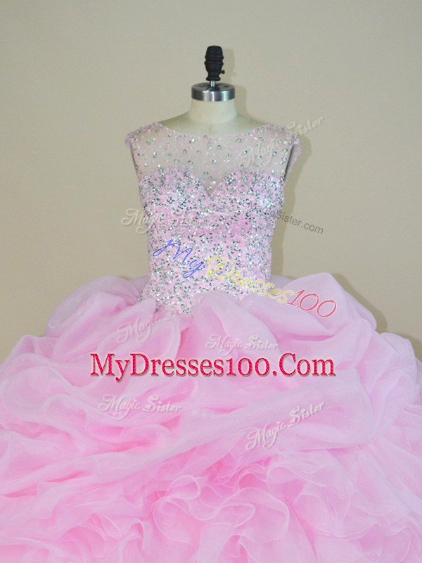 Sleeveless Brush Train Beading and Ruffles Backless Sweet 16 Quinceanera Dress