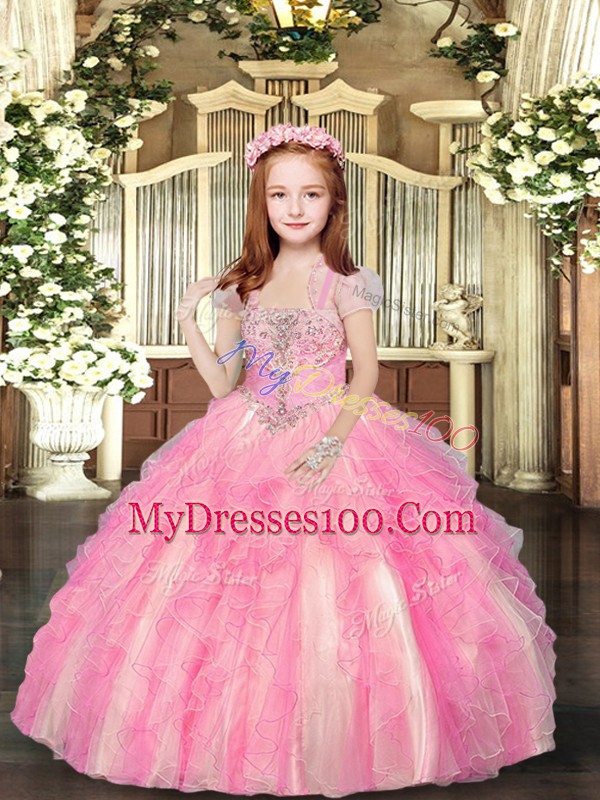 Ball Gowns Child Pageant Dress Baby Pink Straps Tulle Sleeveless Floor Length Lace Up