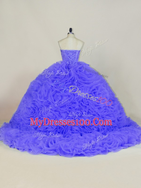 Purple Organza and Fabric With Rolling Flowers Lace Up Quinceanera Gown Sleeveless Brush Train Beading and Ruffles