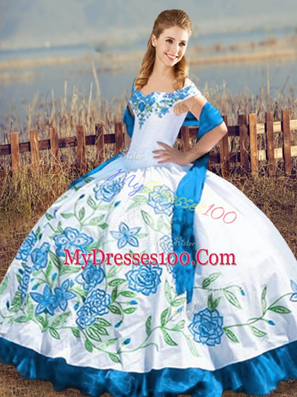 Gorgeous Blue And White Ball Gowns Embroidery Quinceanera Gowns Lace Up Satin Sleeveless Floor Length