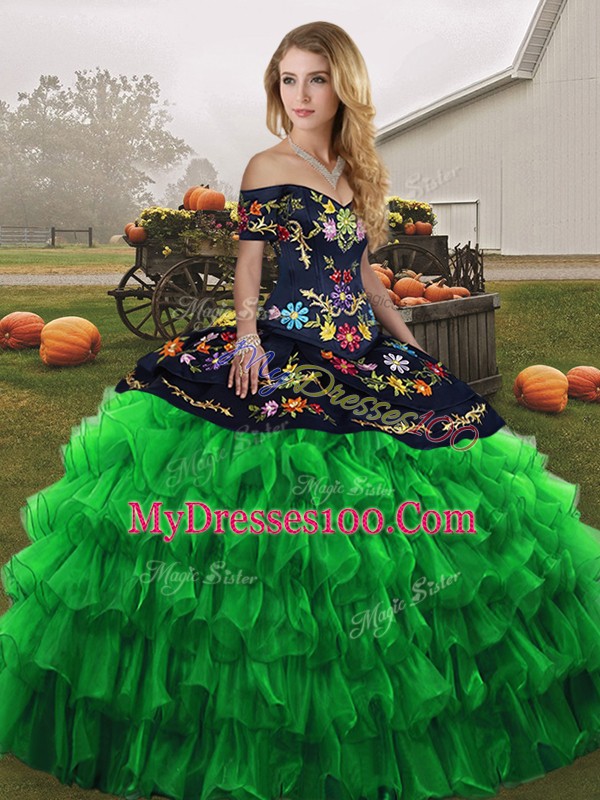 Off The Shoulder Sleeveless Lace Up Quinceanera Gowns Green Organza