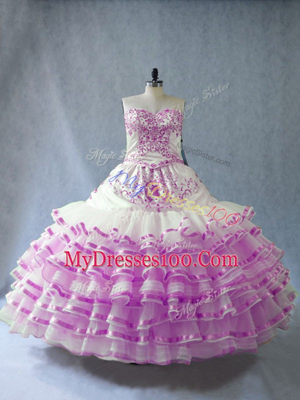 Floor Length Lace Up Quinceanera Gown Lilac for Sweet 16 and Quinceanera with Embroidery and Ruffled Layers