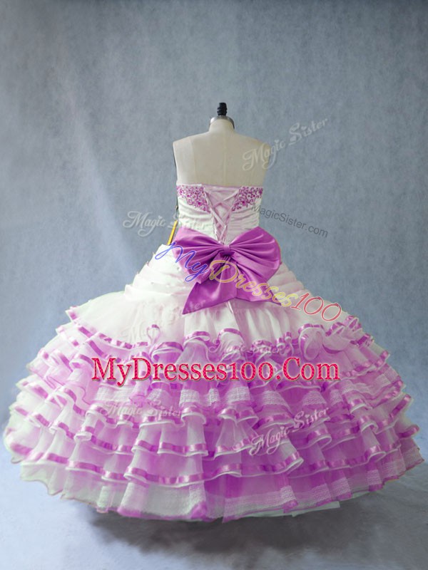 Floor Length Lace Up Quinceanera Gown Lilac for Sweet 16 and Quinceanera with Embroidery and Ruffled Layers