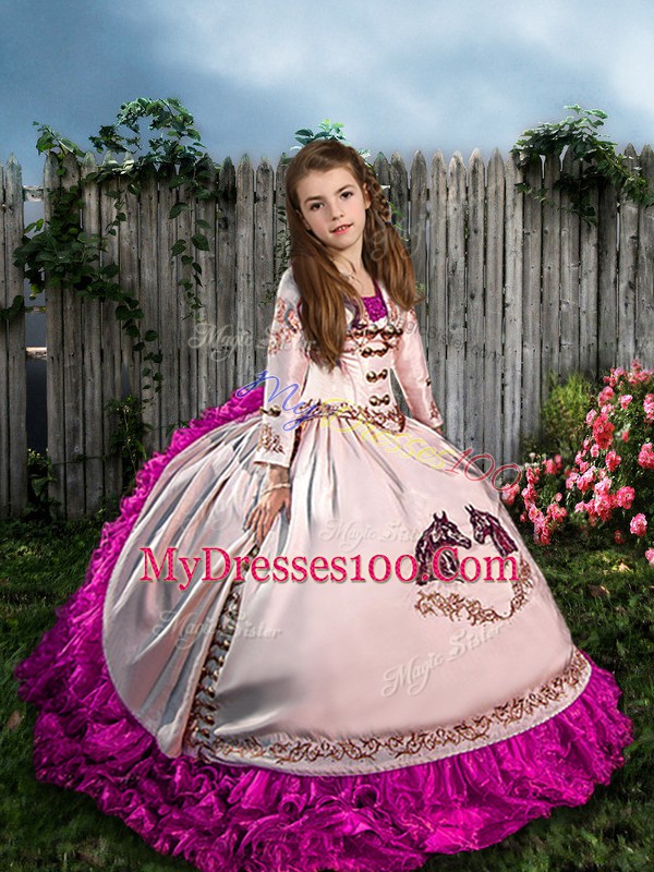 White Straps Neckline Embroidery and Ruffles Glitz Pageant Dress Sleeveless Lace Up