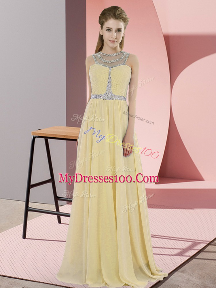 Elegant Gold Prom Gown Prom and Party with Beading Scoop Sleeveless Zipper
