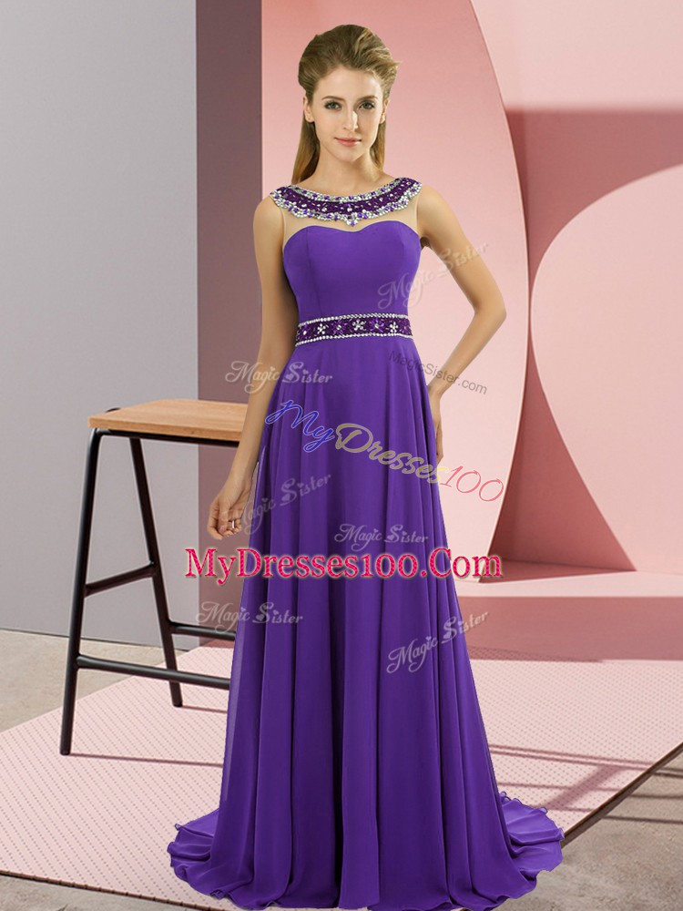 Sleeveless Chiffon Brush Train Zipper Prom Evening Gown in Purple with Beading