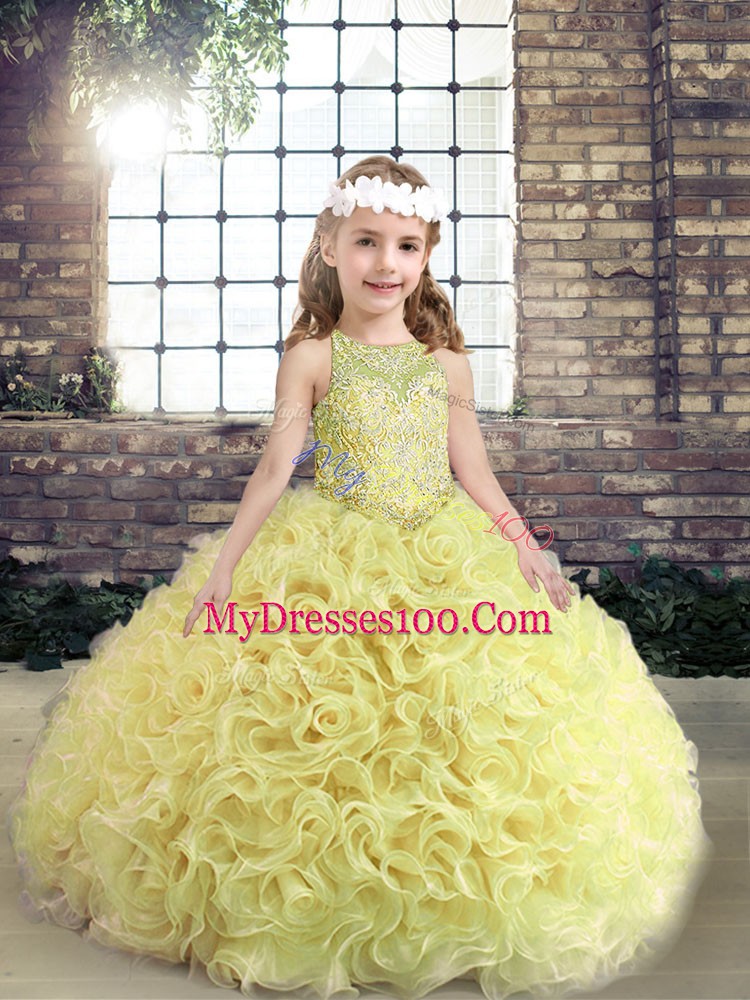 Lovely Fabric With Rolling Flowers Sleeveless Floor Length Little Girls Pageant Dress and Beading