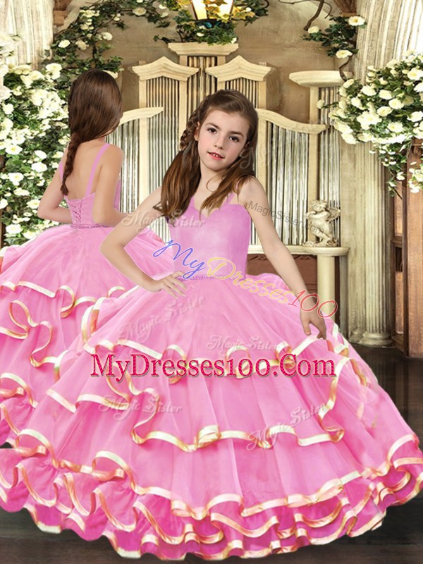 Trendy Sleeveless Floor Length Ruffled Layers Lace Up Sweet 16 Dresses with Rose Pink