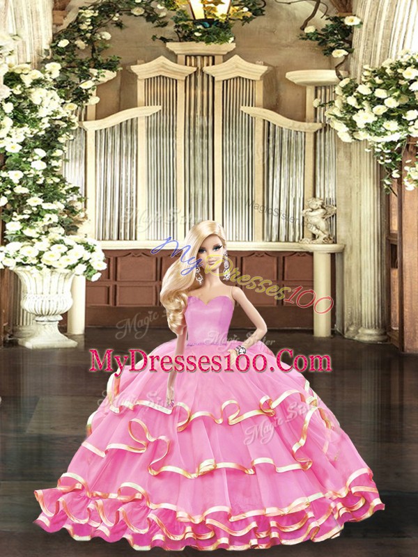 Trendy Sleeveless Floor Length Ruffled Layers Lace Up Sweet 16 Dresses with Rose Pink