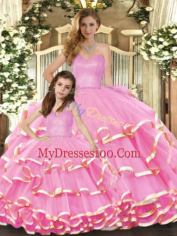 Trendy Sleeveless Floor Length Ruffled Layers Lace Up Sweet 16 Dresses with Rose Pink