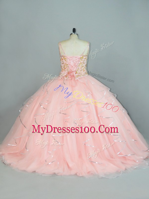 Tulle Sleeveless Floor Length Quinceanera Dresses and Beading and Ruffles