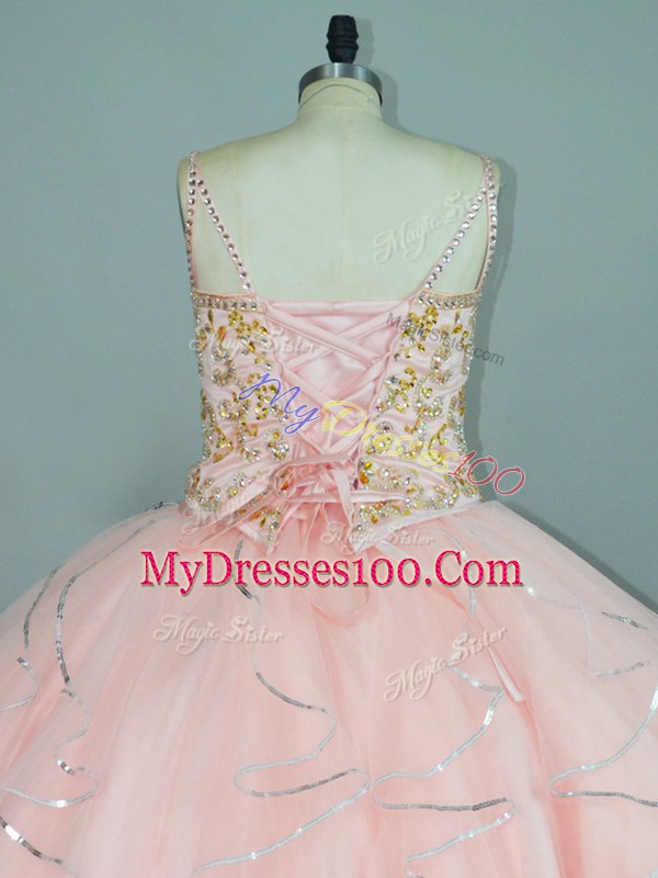 Tulle Sleeveless Floor Length Quinceanera Dresses and Beading and Ruffles