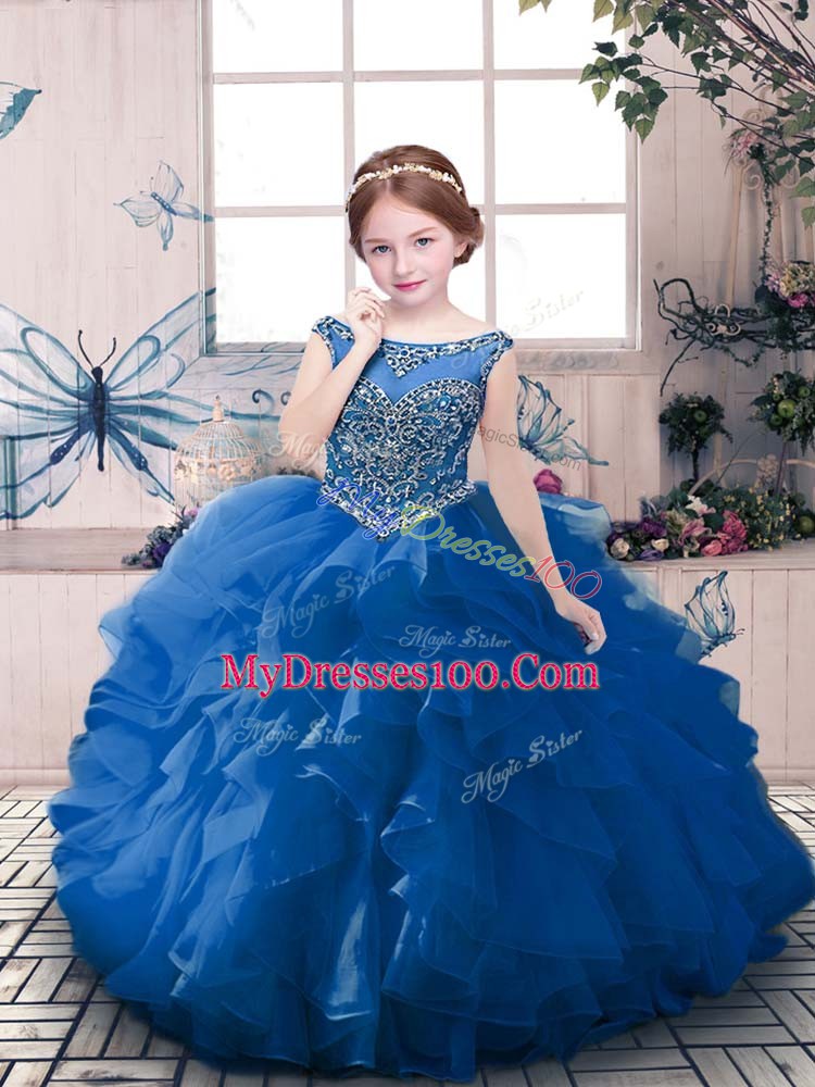 Floor Length Zipper Kids Pageant Dress Blue for Party and Sweet 16 and Wedding Party with Beading and Ruffles