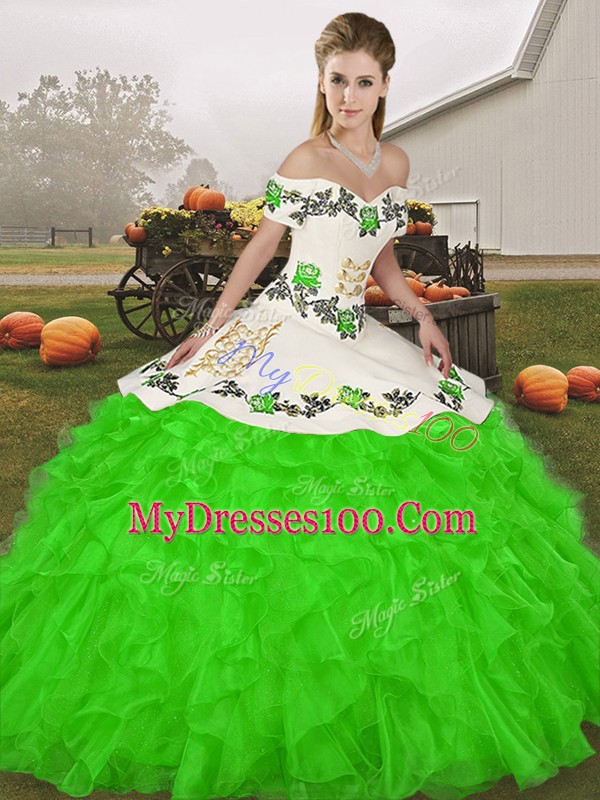 On Sale Embroidery and Ruffles Sweet 16 Dresses Green Lace Up Sleeveless Floor Length