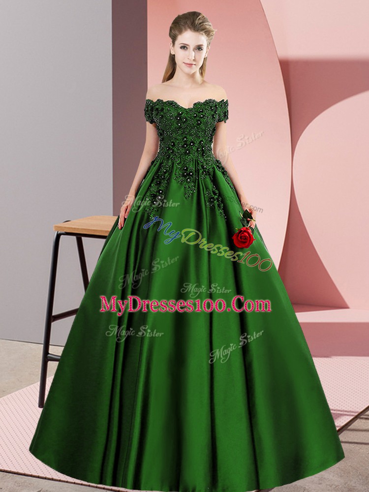 Hot Sale Green A-line Lace Quinceanera Gowns Zipper Satin Sleeveless Floor Length