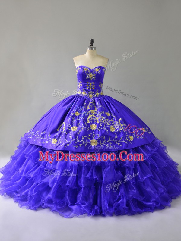 Floor Length Lace Up 15th Birthday Dress Blue for Sweet 16 and Quinceanera with Embroidery and Ruffled Layers