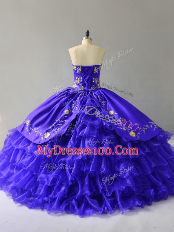 Floor Length Lace Up 15th Birthday Dress Blue for Sweet 16 and Quinceanera with Embroidery and Ruffled Layers