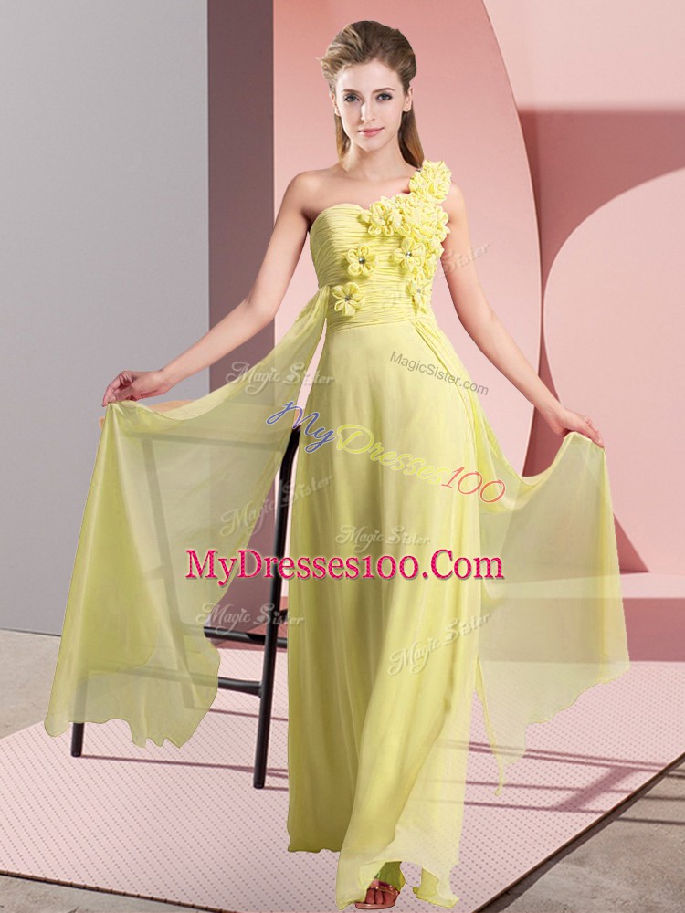 Yellow Empire Hand Made Flower Wedding Party Dress Lace Up Chiffon Sleeveless Floor Length