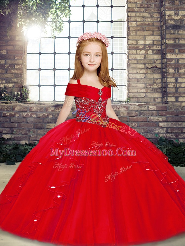 Tulle Straps Sleeveless Lace Up Beading Pageant Gowns For Girls in Red