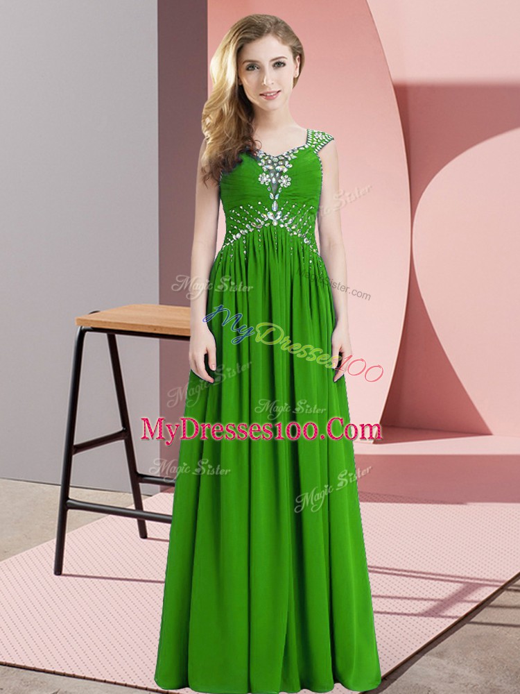 High Quality Green Prom Dress Prom and Party and Military Ball with Beading Straps Cap Sleeves Lace Up