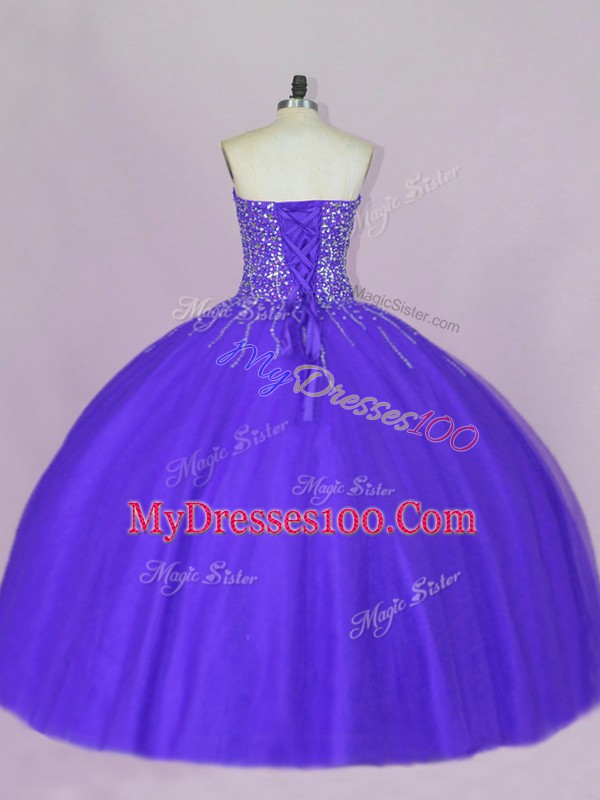 Glittering Blue and Purple Ball Gowns Beading Vestidos de Quinceanera Lace Up Tulle Sleeveless Floor Length