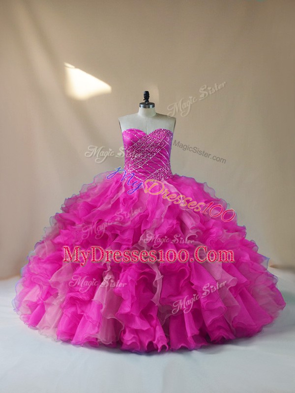 Customized Fuchsia Sweetheart Lace Up Beading and Ruffles 15th Birthday Dress Sleeveless