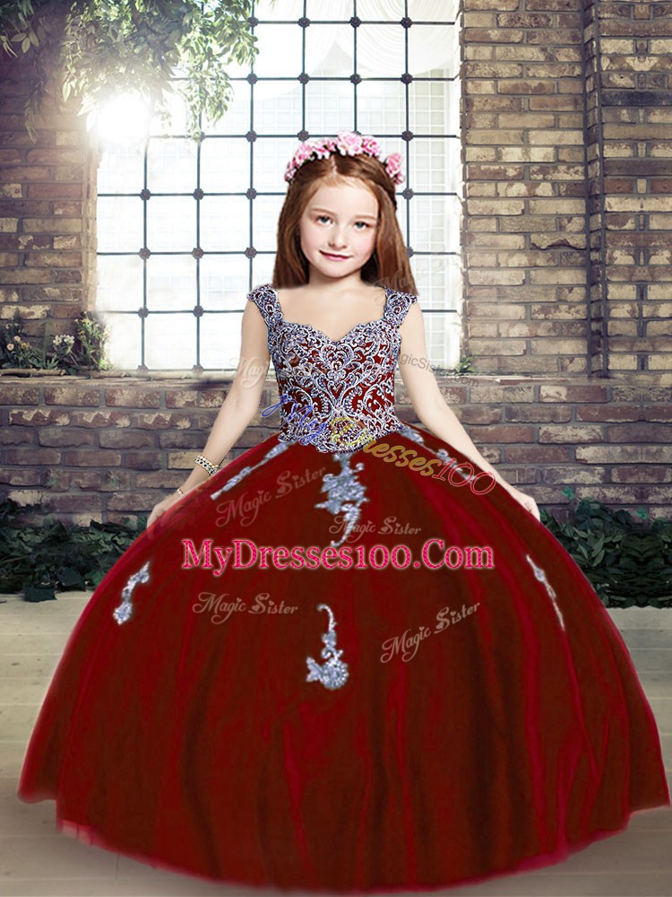 Cheap Floor Length Red Little Girls Pageant Gowns Tulle Sleeveless Appliques