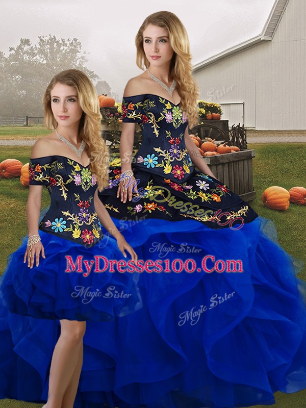 Hot Selling Three Pieces Sweet 16 Quinceanera Dress Royal Blue Off The Shoulder Tulle Sleeveless Floor Length Lace Up
