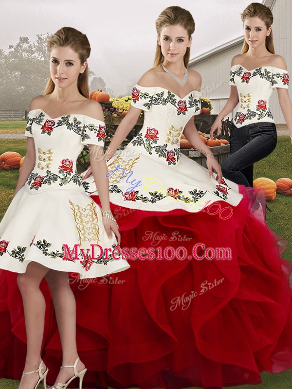 Eye-catching White And Red Sleeveless Embroidery and Ruffles Floor Length Sweet 16 Dresses