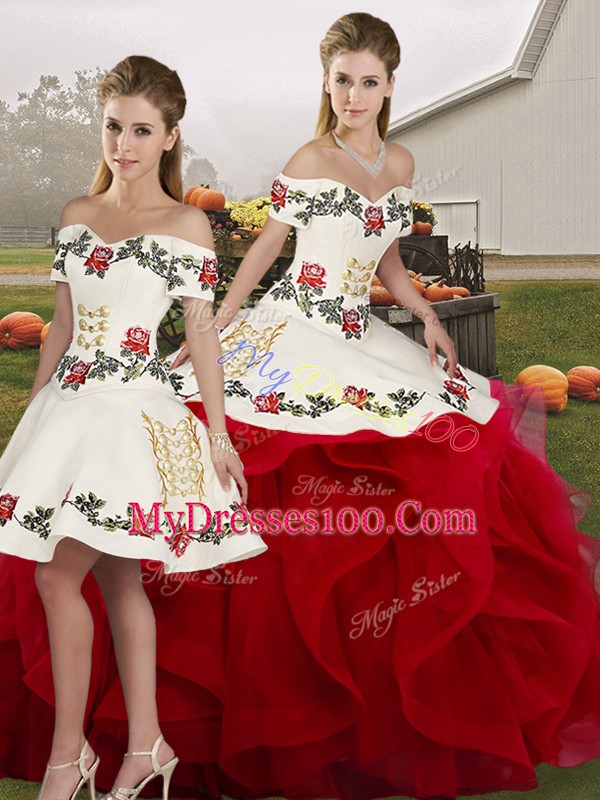 Eye-catching White And Red Sleeveless Embroidery and Ruffles Floor Length Sweet 16 Dresses