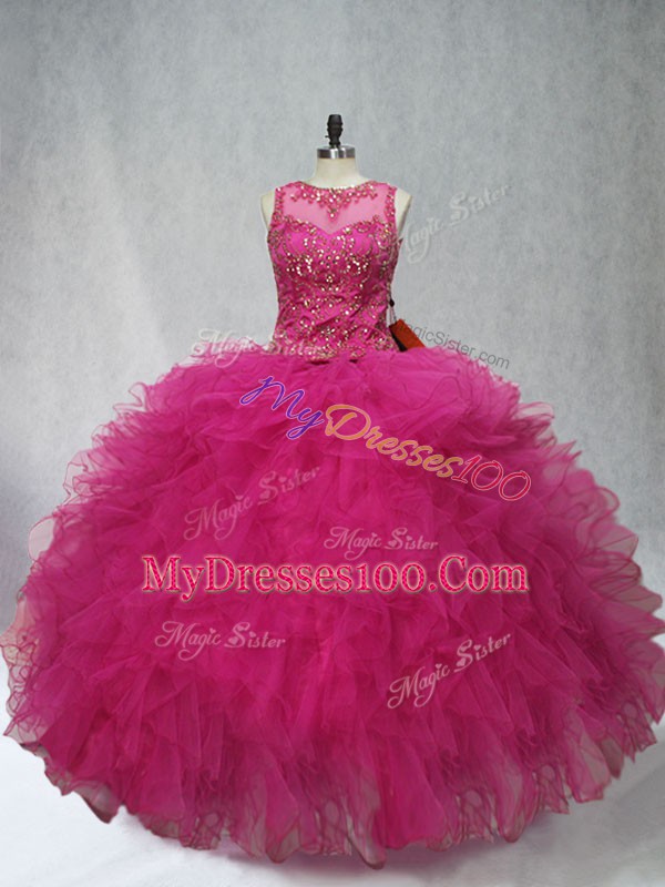 Scoop Sleeveless Tulle Sweet 16 Dress Beading and Ruffles Lace Up