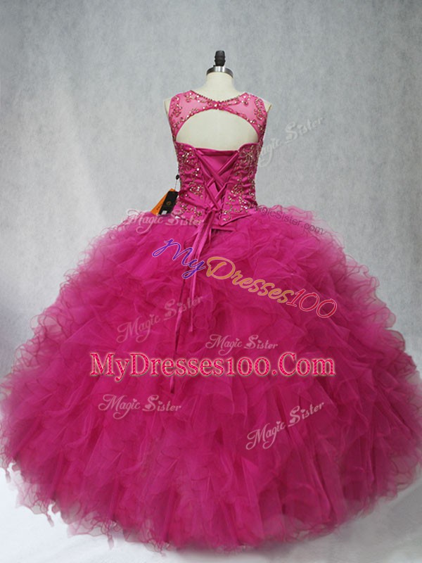 Scoop Sleeveless Tulle Sweet 16 Dress Beading and Ruffles Lace Up