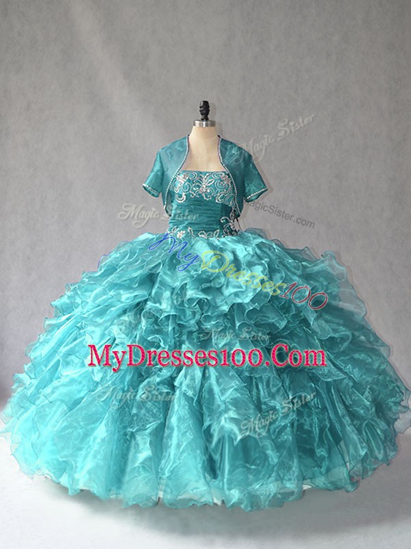 Wonderful Turquoise Ball Gowns Beading Sweet 16 Dress Lace Up Organza Sleeveless Floor Length