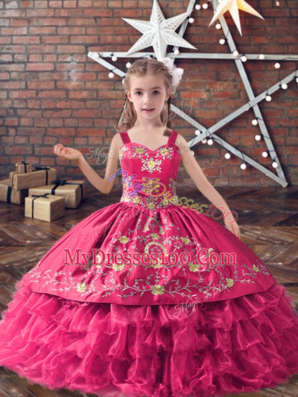 Beautiful Satin and Organza Sleeveless Floor Length Little Girls Pageant Gowns and Embroidery and Ruffled Layers