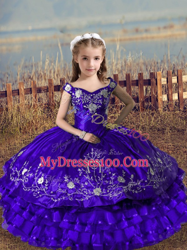Discount Purple Ball Gowns Satin and Organza Off The Shoulder Sleeveless Embroidery and Ruffled Layers Floor Length Lace Up Girls Pageant Dresses