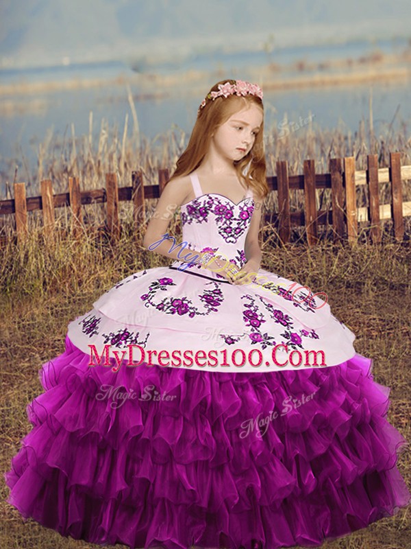 Floor Length Fuchsia Little Girls Pageant Dress Straps Sleeveless Lace Up