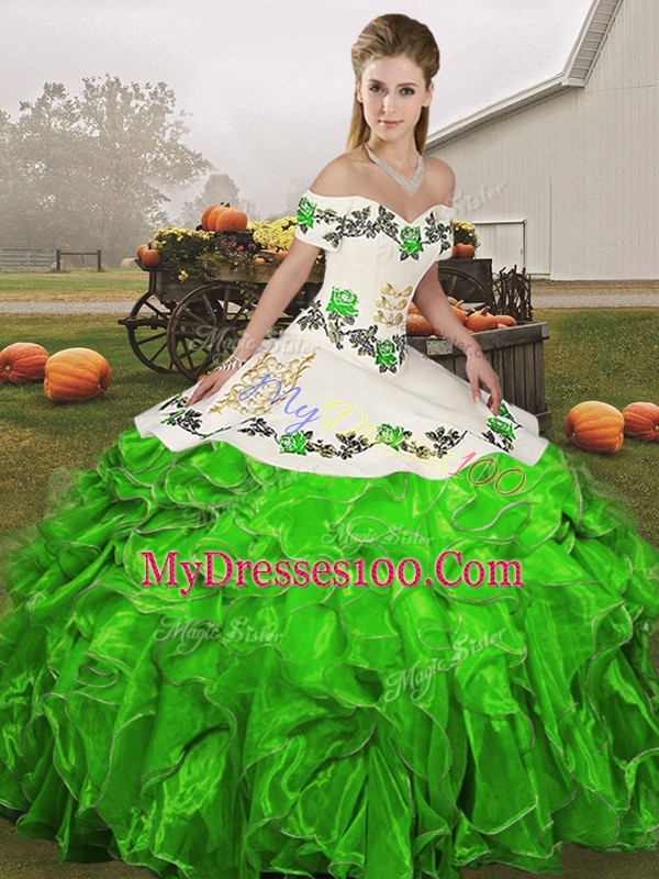 Modern Sleeveless Floor Length Embroidery and Ruffles Lace Up Quinceanera Dresses with Green
