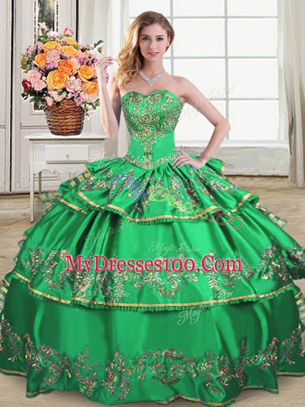 Sleeveless Floor Length Embroidery and Ruffled Layers Lace Up Wedding Guest Dresses with Green