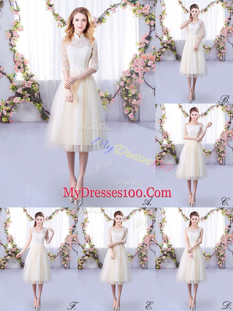 Flirting Champagne Tulle Lace Up High-neck Half Sleeves Tea Length Court Dresses for Sweet 16 Lace