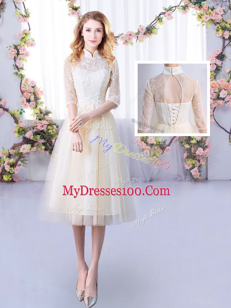 Flirting Champagne Tulle Lace Up High-neck Half Sleeves Tea Length Court Dresses for Sweet 16 Lace