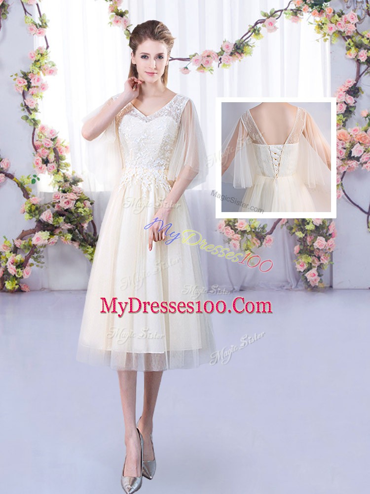 Flirting Champagne Tulle Lace Up High-neck Half Sleeves Tea Length Court Dresses for Sweet 16 Lace