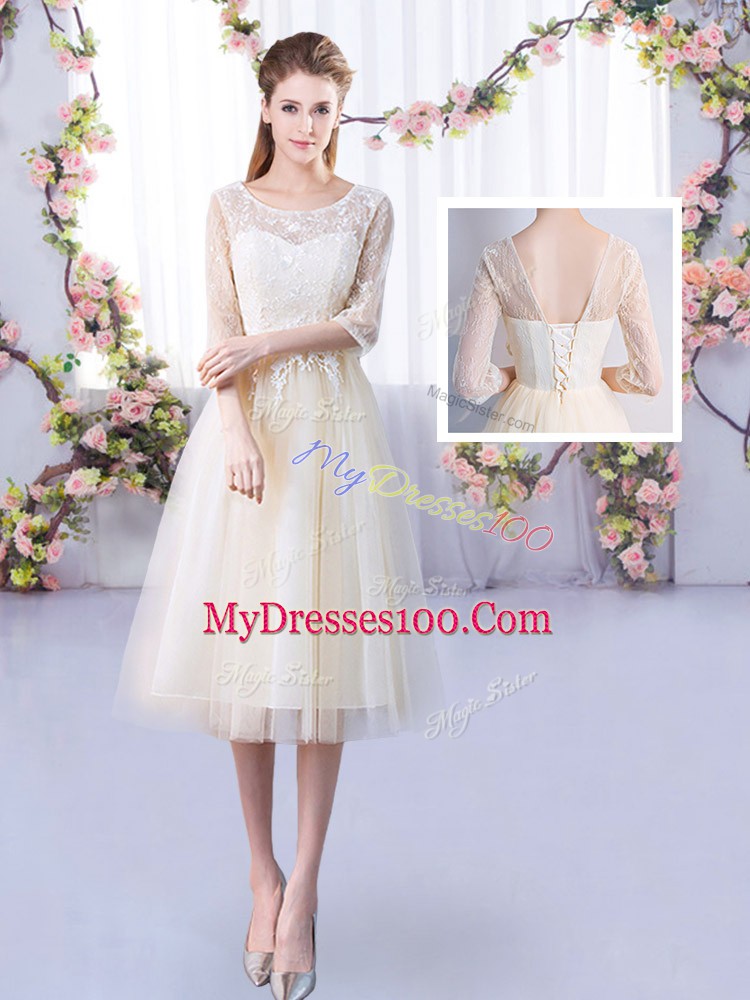 Flirting Champagne Tulle Lace Up High-neck Half Sleeves Tea Length Court Dresses for Sweet 16 Lace