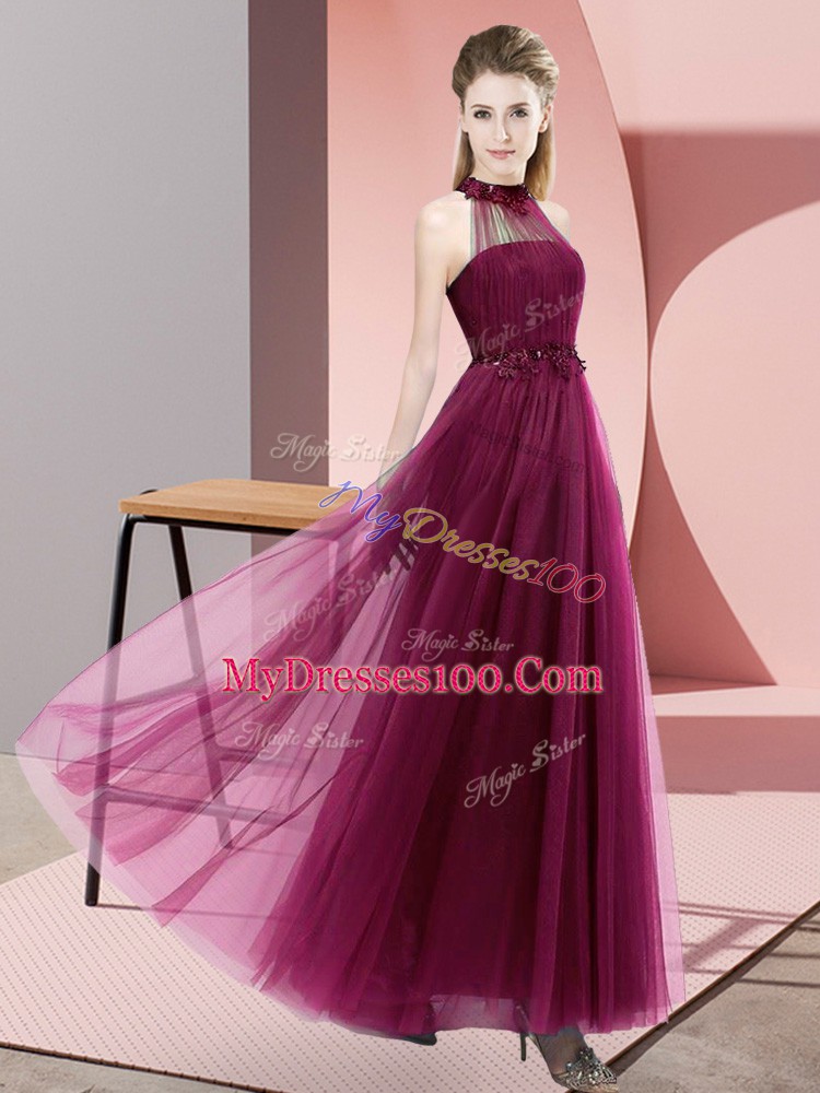Latest Floor Length Fuchsia Wedding Party Dress Tulle Sleeveless Beading and Appliques