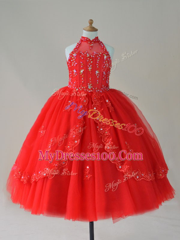Tulle High-neck Sleeveless Lace Up Beading and Appliques Pageant Gowns For Girls in Red