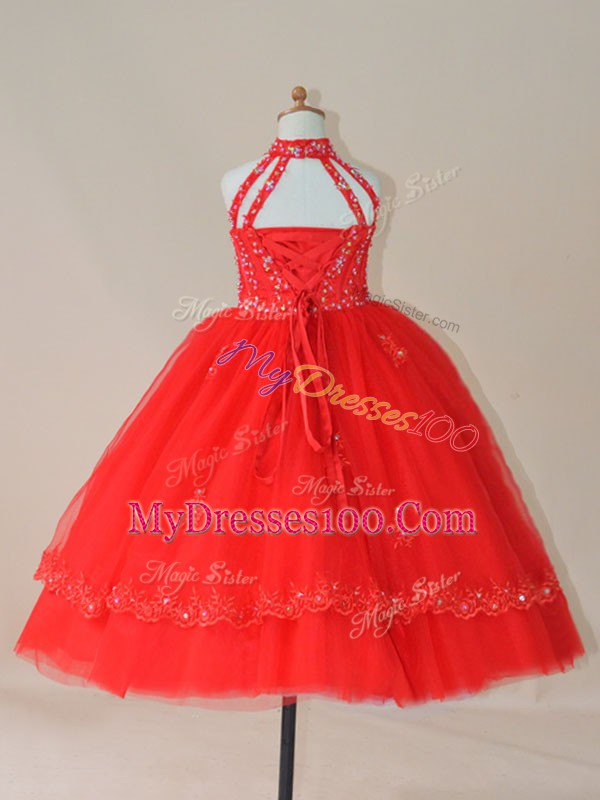 Tulle High-neck Sleeveless Lace Up Beading and Appliques Pageant Gowns For Girls in Red