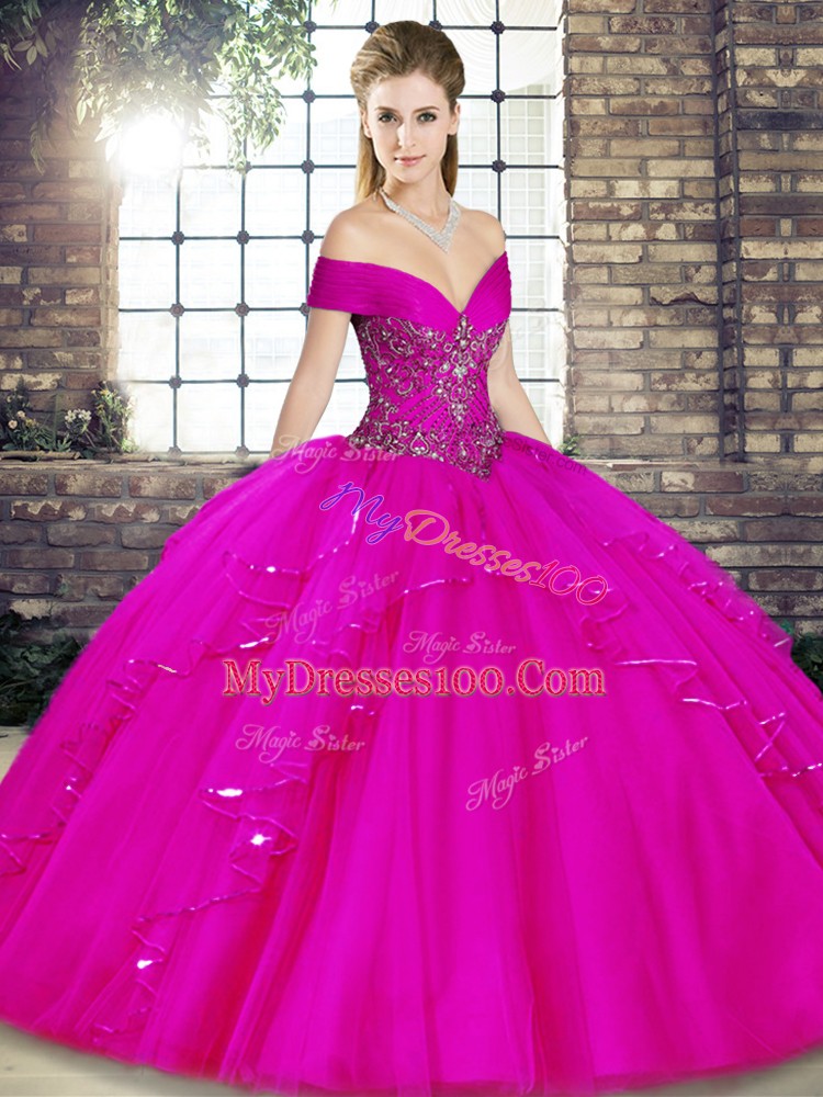 Off The Shoulder Sleeveless Sweet 16 Dress Floor Length Beading and Ruffles Fuchsia Tulle