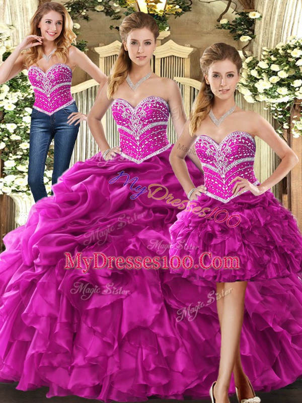 Fuchsia Sweetheart Neckline Beading and Ruffles 15th Birthday Dress Sleeveless Lace Up
