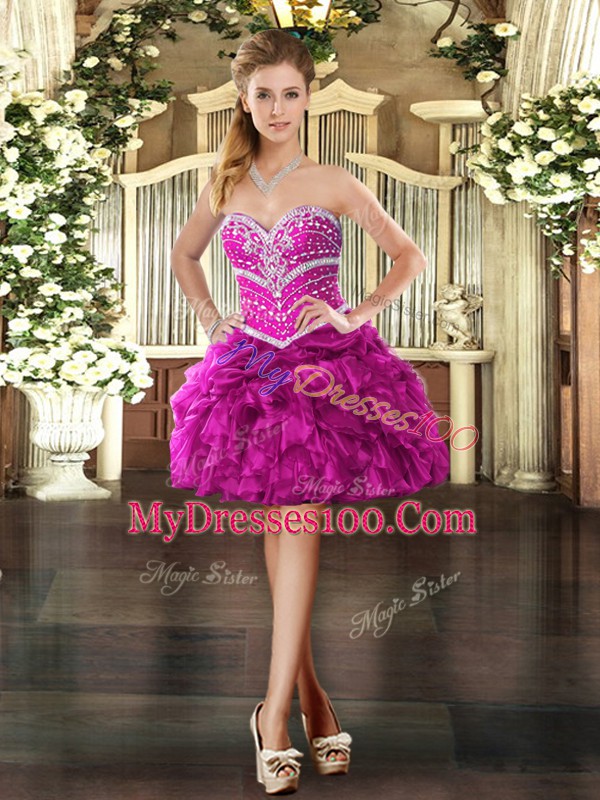 Fuchsia Sweetheart Neckline Beading and Ruffles 15th Birthday Dress Sleeveless Lace Up