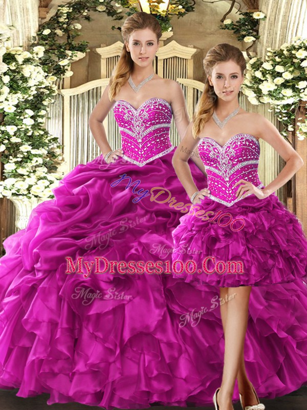 Fuchsia Sweetheart Neckline Beading and Ruffles 15th Birthday Dress Sleeveless Lace Up