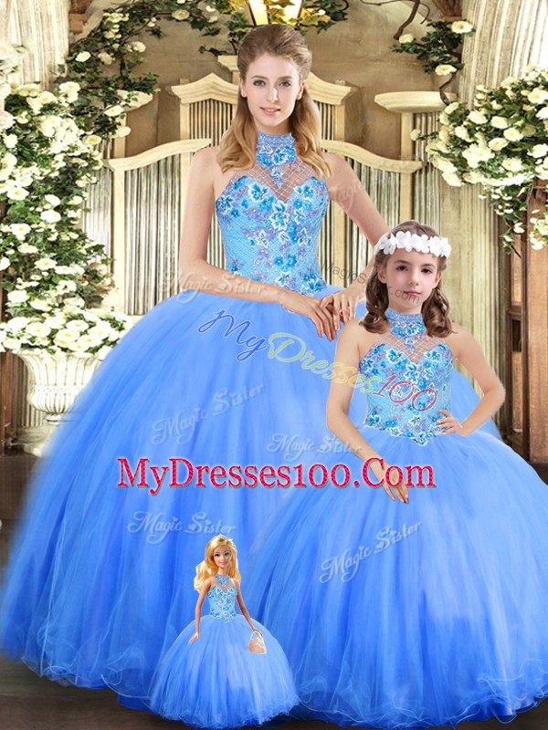Blue Sleeveless Embroidery Floor Length Sweet 16 Quinceanera Dress